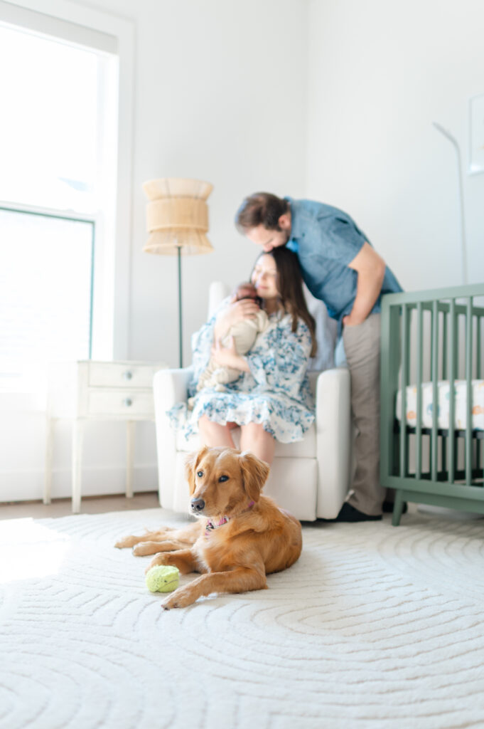 Natural light streams into the nursery as a newborn photographer photographs the family snuggling the baby.